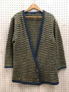 ノーブランド レトロ古着 総柄 ロング丈 ダブル前立 ニット カーディガン