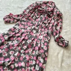 美品　vintage　レトロ　ロングワンピース　ボウタイ　総柄　花柄　一点物