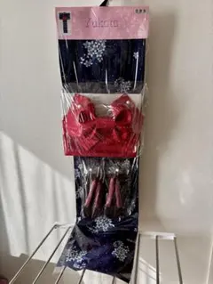 【新品・未使用】紺色花柄浴衣・帯・下駄セット