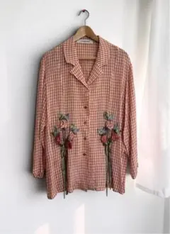 POTECHINO さえら 立体リボンフラワー ギンガムチェックシャツ F 