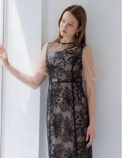 LEJA アシンメトリーシアーフラワーワンピースドレス ブラック　M