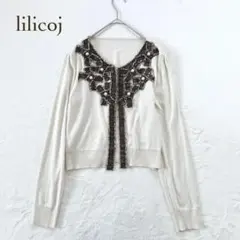 lilcoj ニットカーディガン 長袖 ツイード装飾 リボン パール