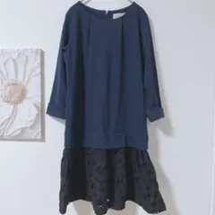 Douceur レーススカート 膝丈　長袖ワンピース　切り替えデザイン　黒/紺色