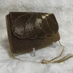 ビーズバッグ パーティーバッグ チェーンショルダー ゴールド系 総ビーズ刺繍