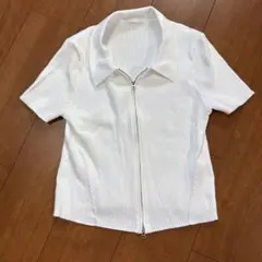 美品　ホワイトリブジッパー半袖トップス