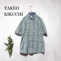 TAKEO KIKUCHI 半袖シャツ　チェック柄　グリーン　Ｌ　コットンのサムネイル