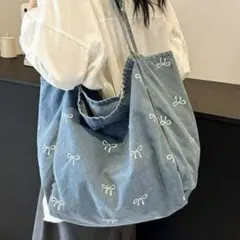 新品　デニム　トートバッグ　リボン　大容量　マザーズバッグ　エコバッグ