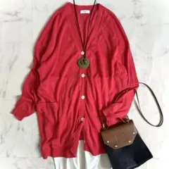 人気☆シップスエニィ リネン混Vネックカーディガン レッド系 長袖 コットン