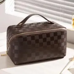 化粧ポーチ　格子　大容量　ブラウン バニティ　コスメポーチ　メイクボックス　韓国