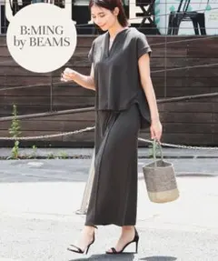 美品 B:MING by BEAMS スラブ テレコ セットアップ カーキ S