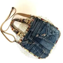 デニムリメイクショルダーバッグ　　トートバッグ　ゴブラン織り　ハンドメイド