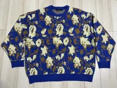 美品 RAGEBLUE レイジブルー フラワー柄ジャガードニットクルー L 青