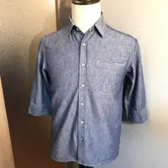 メンズ【美品 BEAMS HEART】M 青 五分袖 タンガリーシャツ 麻 薔薇