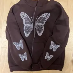 蝶刺繍 ブラウン ジップアップパーカー
