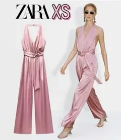 新品 ZARA ベルト付 サテン Vネック ジャンプスーツ XS ラスト1点♪