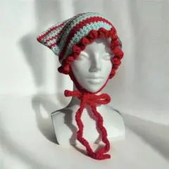 ベイビーブルー × レッド フリル 猫耳風ニット帽