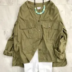 スローブイエナノーカラー　オリーブ ミリタリーコットンシャツ