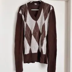 美品✨ブラウン・ホワイト アーガイルニット セーター 【L】海外古着 着痩せ