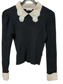 ウィルセレクション　襟フラワー　ビジュー　ニット　ブラック