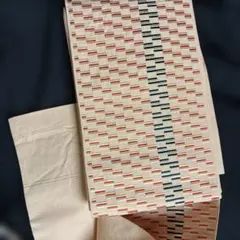 沖*ン様 幾何学模様 ベージュ帯 半幅帯、美品