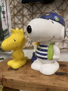 スヌーピー ウッドストック 陶器フィギュア 貯金箱 置物 PEANUTS レトロ