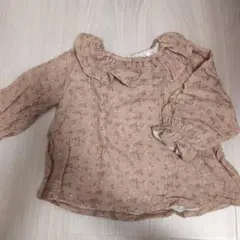 ブラウン花柄フリルシャツ　トップス　ブラウス　カットソー