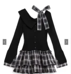 GRL チェック柄ドッキングワンショルダーリボンフリルニットワンピース