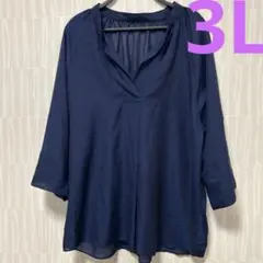 【大きいサイズ3L】美品ネイビー Vネック半端袖シャツブラウス透け感シアー