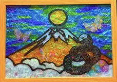 夜の黄金富士と白蛇ガラス絵の具ステンドグラス手書きイラスト開運絵犬猫沖縄龍アート