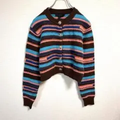 ザラ L ボーダーニットカーディガン ショート丈 マルチカラー 派手 丸襟