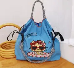 日焼けキティ　サングラス　刺繍　バッグ　ブルー
