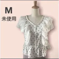 未使用　ペプラムブラウス　Mサイズ　フリル　フラワー　ドット　半袖　トップス