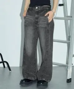 2WAY ヴィンテージ加工 ラインストーン ワイドバレルデニ