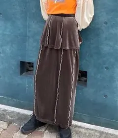 JUNOAH 配色メロウベロアレイヤードスカート ロングスカート