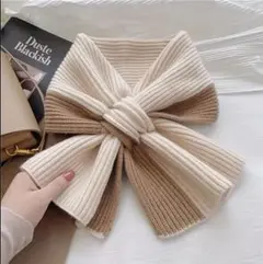 【ベージュ×アイボリー】新品　ネックウォーマー ストール　マフラー　リボン