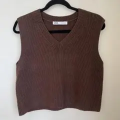 ほぼ未使用ゆったりベストZARA ブラウン ニット Vネックベスト　ザラ