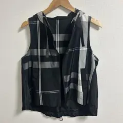 フード付きジップベスト チェック柄 ノースリーブ 黒 グレー