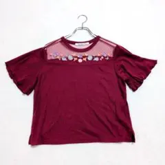 レイカズン 半袖Tシャツ レッド【F】春夏 花柄 刺繍 透け感 綿混 人気のサムネイル