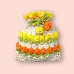 チューリップ　巾着　オレンジ×イエロー×オフホワイト　編み物　ポーチ　かぎ編み