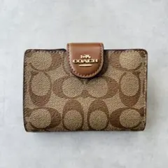 COACH シグネチャー ミディアム コーナー ジップ ウォレット カーキ×茶