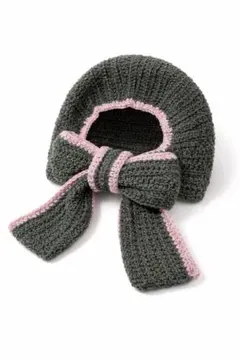 フード付きマフラー　ボンネット　リボン　バラクラバ　ハンドメイド　グレー　ピンク