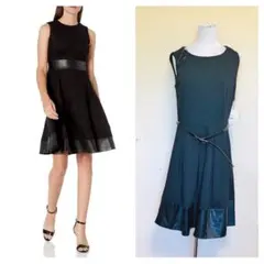 カルバンクライン☆美クールビューティ！ベルト付レザー裾フレアーワンピース ドレス