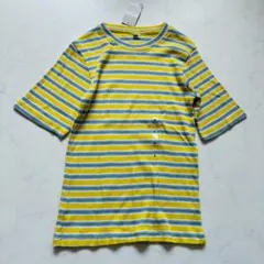 【新品】ボーダーリブTシャツ 半袖 イエロー 春夏 カジュアル S（F832）のサムネイル