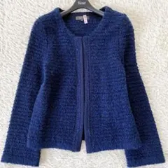 リフレクト✨ノーカラーニットジャケット ツイード M ラメ カーディガン　濃紺