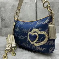 ✨美品✨コーチ　ポピー　ショルダーバッグ　2way ハート　スクリプトロゴ　紺色