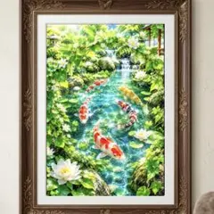 開運 幸運 縁起物 錦鯉 水辺のグリーンリース A4アート 癒やし インテリア