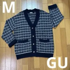 GU ツイード風ニットカーディガン　M　ネイビー✕白　紺　チェック　セーター