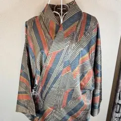 袷 小紋着物 モダン柄 オレンジ×ブルー系 幾何学 ポリエステル フリーサイズ