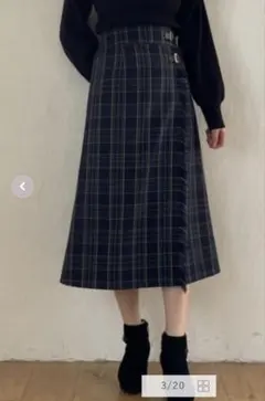 ネイビー系チェック フリンジ付きロングスカート