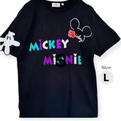 ミッキーミニーTシャツ ブラック Lサイズ ミッキーの手が施された袖 カラフル